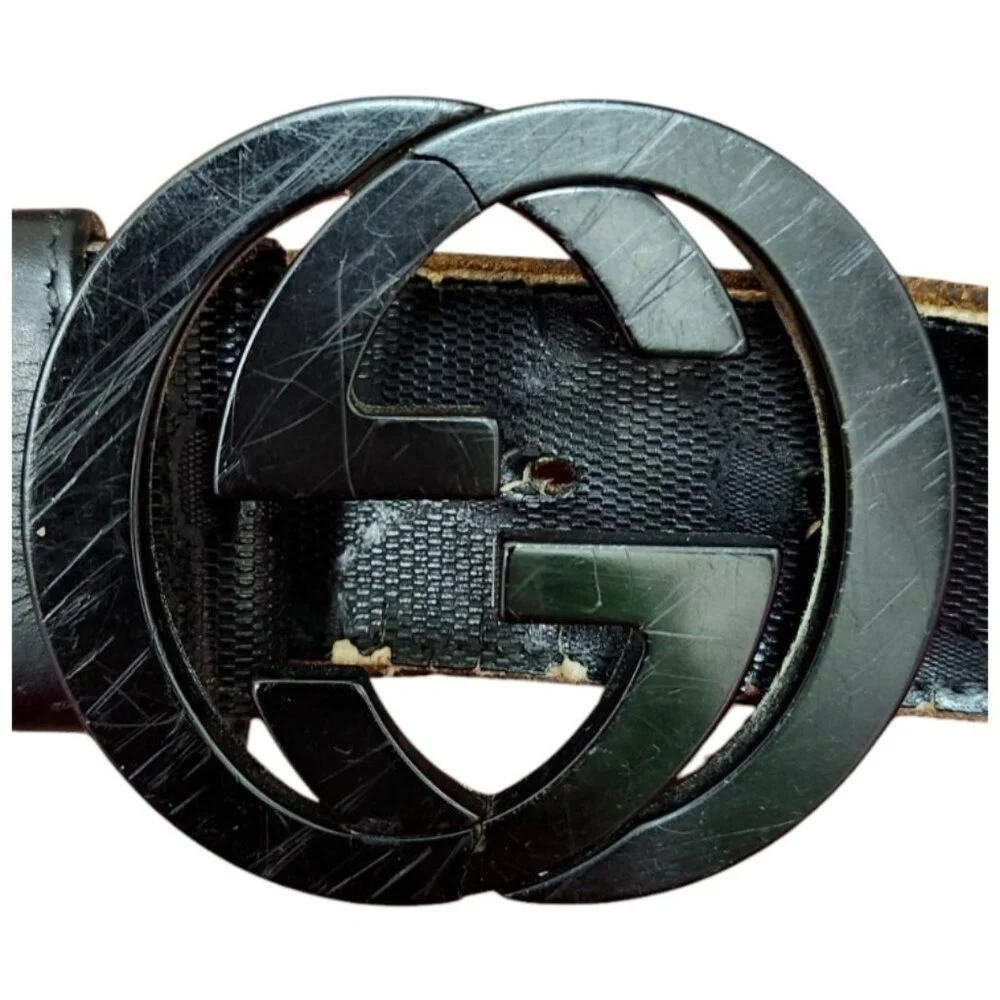 Gucci Black Shiny Imprime Belt With Black Interlinking GG Buckle